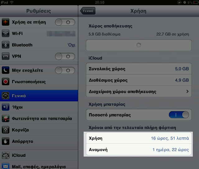 iPad battery. Used for 16 hours and 51 minutes, stand-by 1 day 22 hours