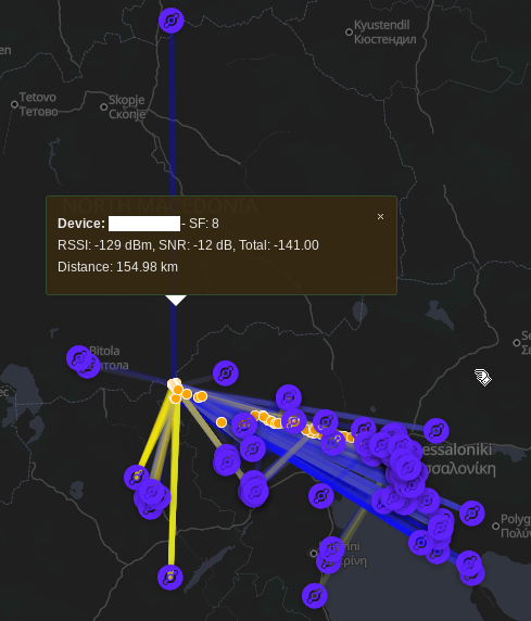 A Helium gateway 150km away cathes a SF8 LoRa signal with 13dBm